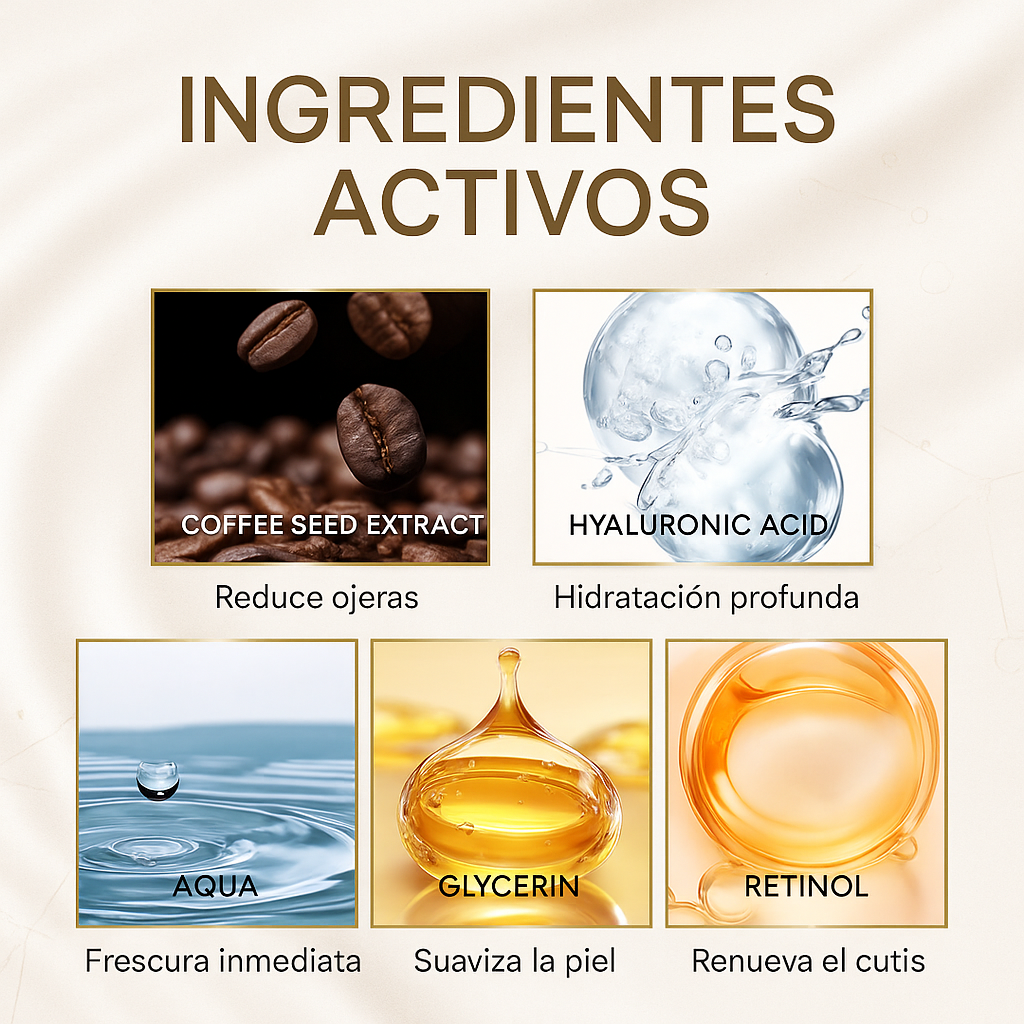"RETINOL + CAFEÍNA = ELIMINA AÑOS EN TU MIRADA"