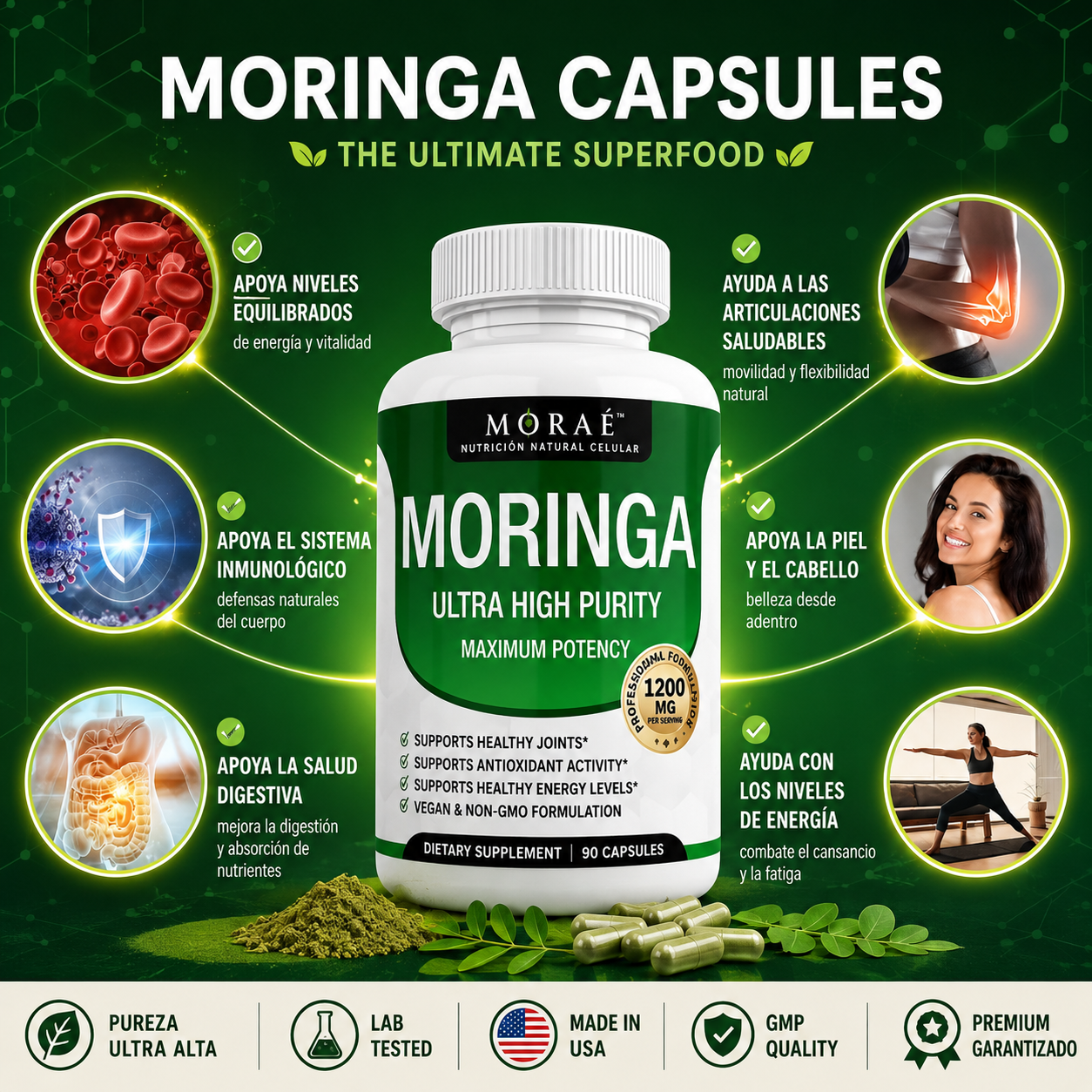 Moringa 1200mg — Reduce el Cortisol & Restaura tu Energía | 90 Cápsulas