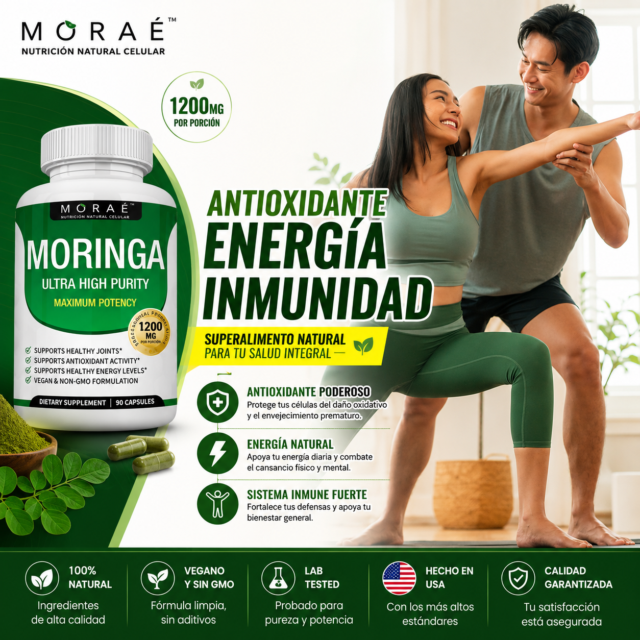 Moringa 1200mg — Reduce el Cortisol & Restaura tu Energía | 90 Cápsulas
