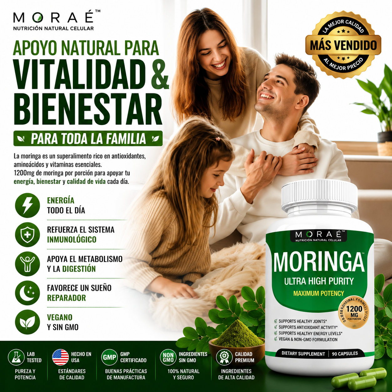Moringa 1200mg — Reduce el Cortisol & Restaura tu Energía | 90 Cápsulas