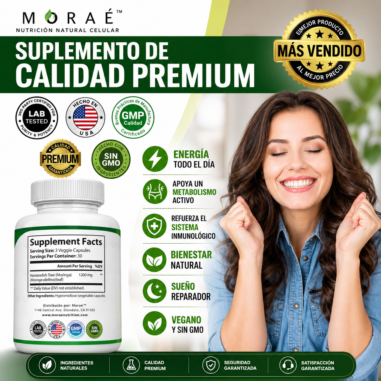 Moringa 1200mg — Reduce el Cortisol & Restaura tu Energía | 90 Cápsulas