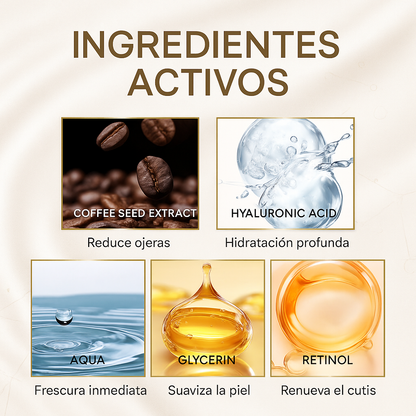 "RETINOL + CAFEÍNA =    ELIMINA AÑOS EN TU MIRADA"
