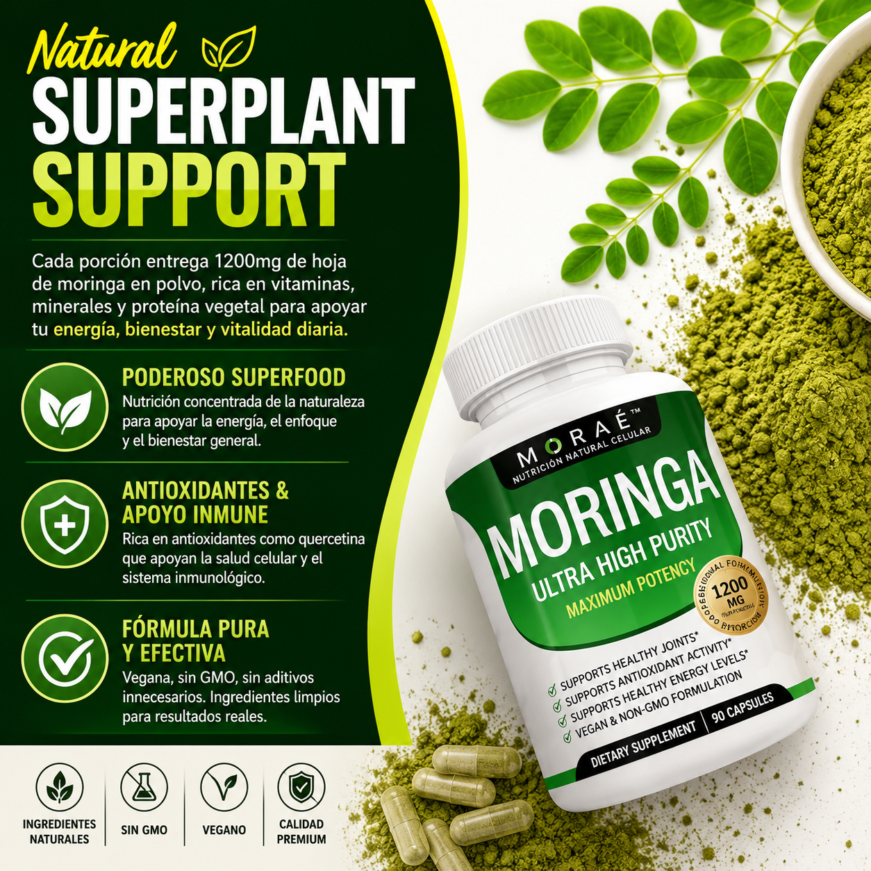 Moringa 1200mg — Reduce el Cortisol & Restaura tu Energía | 90 Cápsulas