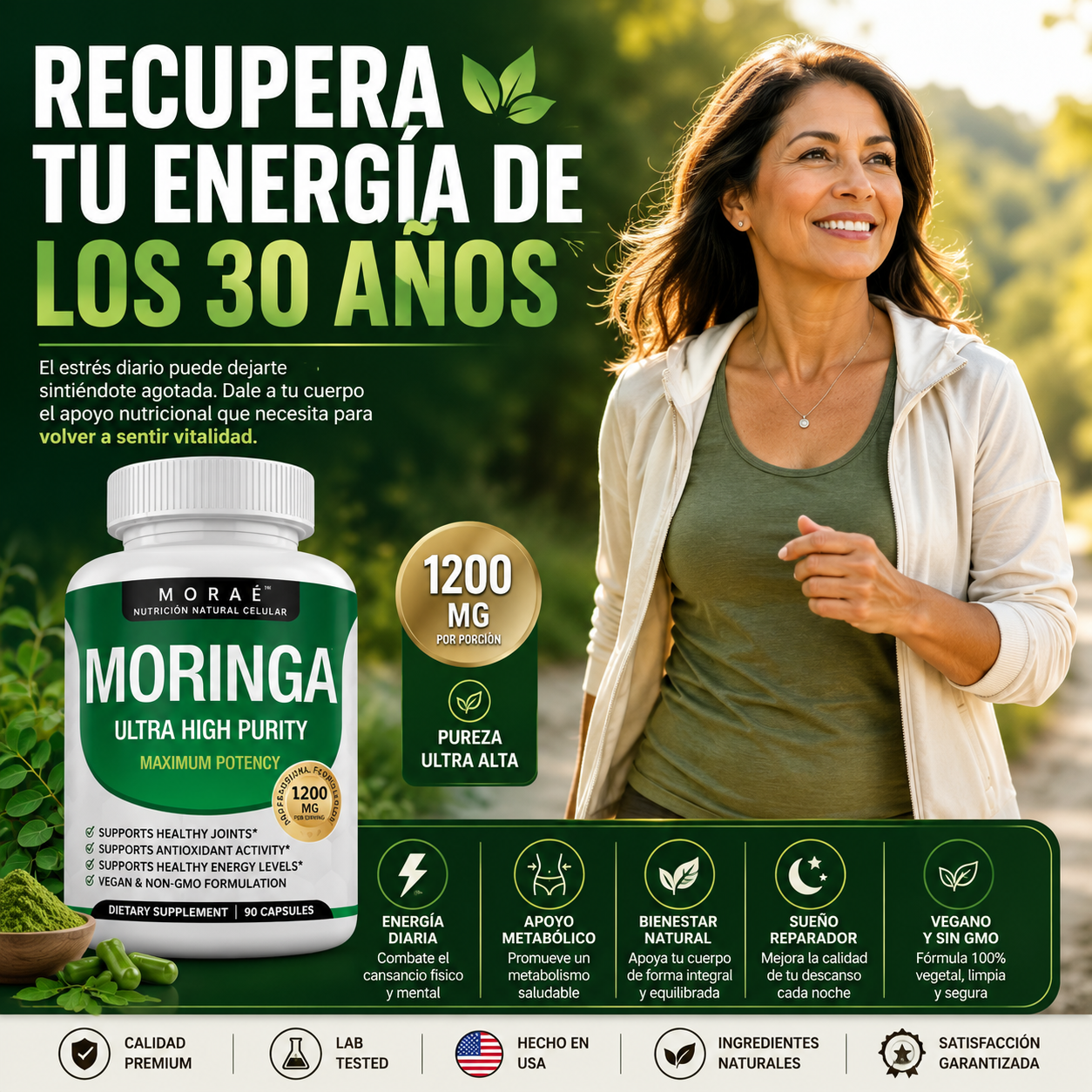 Moringa 1200mg — Reduce el Cortisol & Restaura tu Energía | 90 Cápsulas